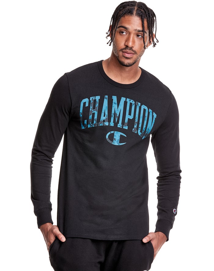 Champion Mens T-Shirt NZ - Heritage Long Sleeve Galaxy Dye Arch Logo Black ( 7619-IASRM )